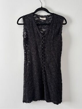 Shelli Segal x Henri Bendel Vintage Lace Button Front Mini Dress Tie Back Sheer